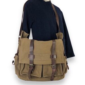 Rustic Town Men Brown Military Leather Canvas Messenger Bag L Shoulder Crossbody